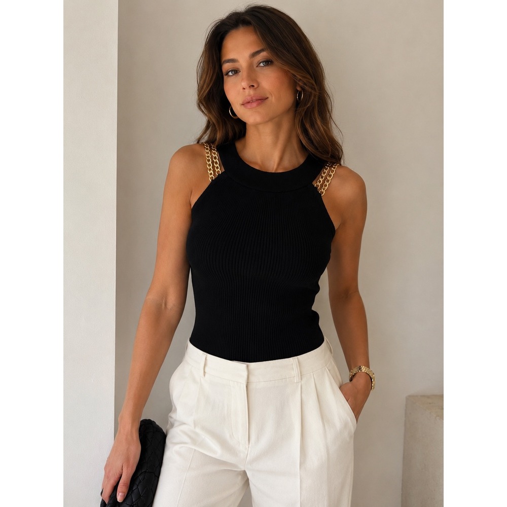 Almost Famous Black Ribbed Knit Chain Strap Halter Top Lg Party Summer Stretch